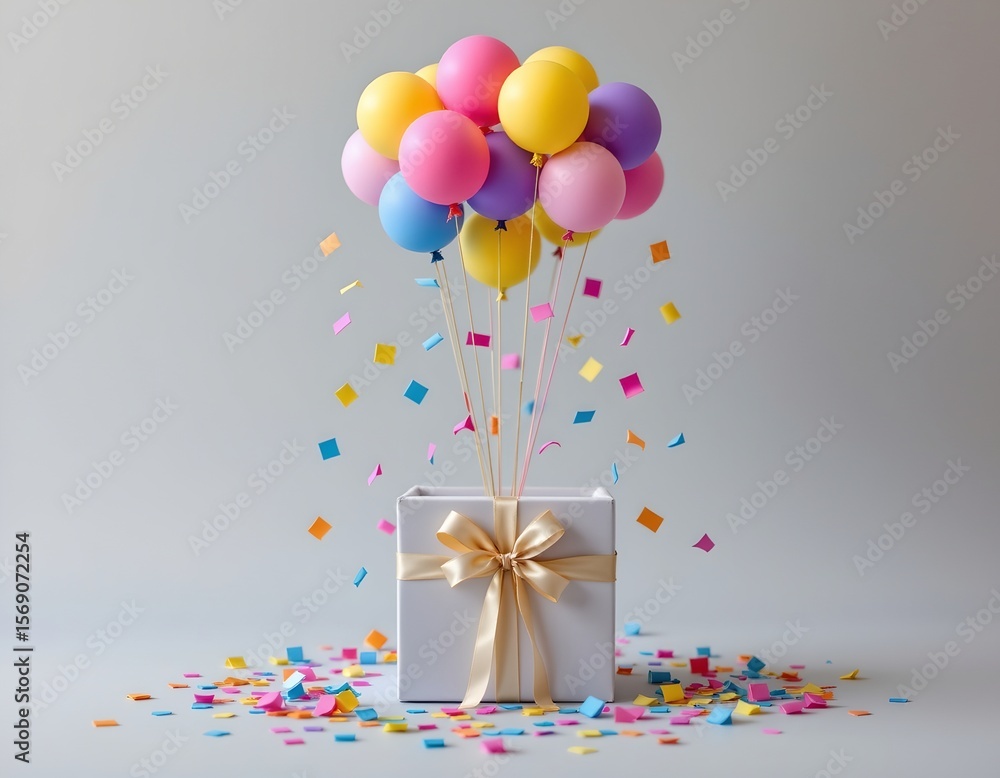 Poster a bright and cheerful image shows a square box tied with a ribbon from which a collection of inflate
