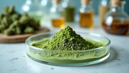 Green powder spirulina chlorella chlorophyll and herbs arranged beautifully, showcasing natural ingredients in a serene kitchen setting