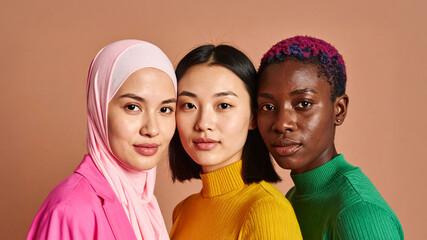 Diversity portrait of three united beautiful multiracial young girls