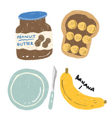 Crayon line drawing of a jar of peanut butter, banana, plate, knife and peanut butter and banana bread.