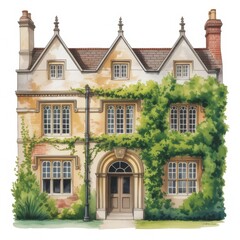 Fototapeta premium Charming Watercolor Illustration of a Vintage House With Ivy at Sunset in a Serene Countryside Setting