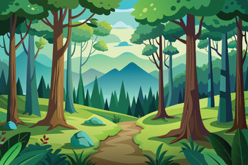 Serene Forest Path A Journey Through Lush Greenery and Majestic Mountains