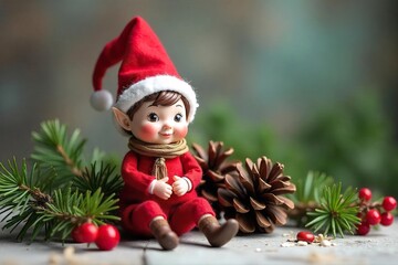 Whimsical Elf Decoration Amongst Pine Cones and Berries Charming Rustic Christmas Decor