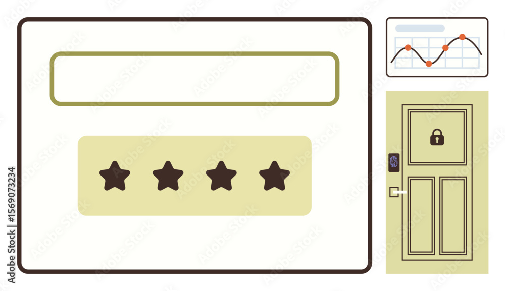 Aufkleber password entry field, stars denoting password input, locked door, and analytics graph portraying sec