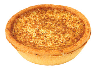 Egg custard tart with all butter pastry filled with egg custard filling and topped with nutmeg isolated on a white background