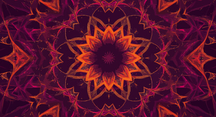 Vibrant Psychedelic Mandala Pattern with Fiery Orange and Deep Magenta Hues Evoking Spiritual Transformation and Cosmic Energy Flow