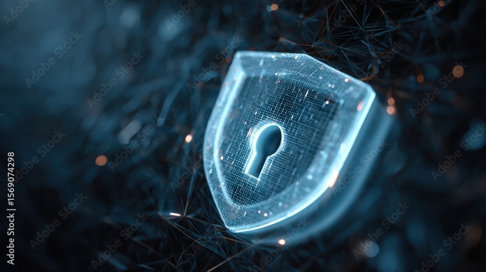 Poster a futuristic padlock embedded within a glowing cybersecurity shield represents the defense against c