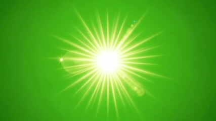 A bright yellow sunburst with radiating light rays and lens flares shines intensely against a green screen background - Powered by Adobe