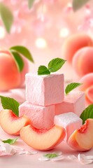 Soft marshmallow candies lokum, close-up, pastel background, peach slices, white and green leaves. Delicious wallpapers for mobile app