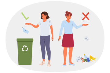 Conscious woman throwing plastic into trash can, standing near deep girl throwing waste on ground. Concept of population literacy in recycling waste and developing caring attitude towards environment