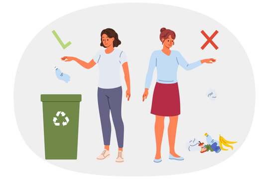 Conscious woman throwing plastic into trash can, standing near deep girl throwing waste on ground. Concept of population literacy in recycling waste and developing caring attitude towards environment