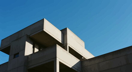Concrete Architecture Under a Clear Blue Sky Showcasing Geometric Form and Shadow Play on a Sunny Day with Modernist Building