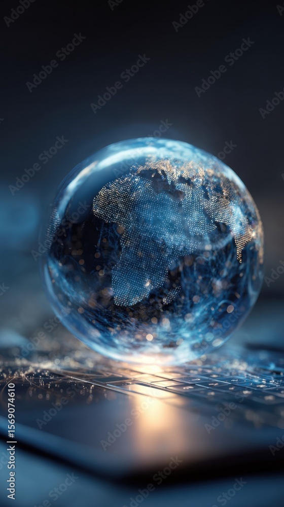 Poster a dynamic image of a holographic earth globe rotating above a laptop reflecting the rapid evolution 