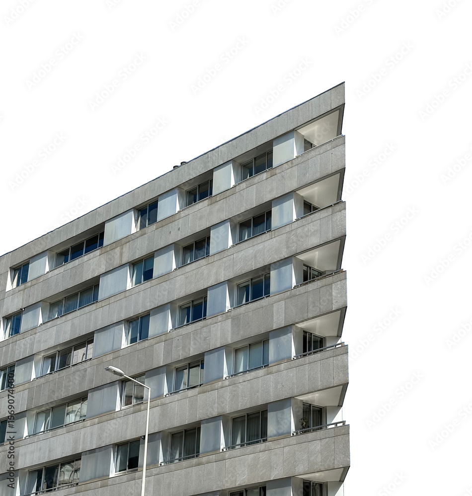 Poster modern apartment building with minimalist architecture, featuring repetitive geometric patterns and