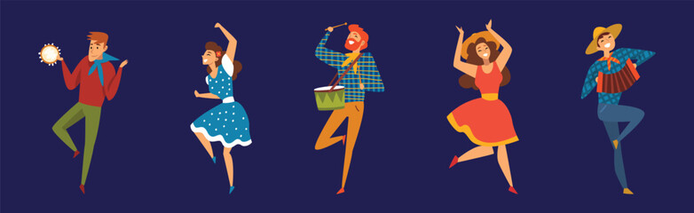 Man and Woman Country Dancer Moving Body Vector Set