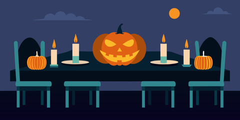 Spooky Halloween pumpkin with flickering candles casts an orange glow in the dark, a scary autumn night decoration