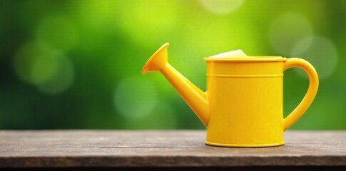 Rustic Yellow Watering Can on Wooden Table, Spring Gardening Image, Perfect for Blogs and Websites