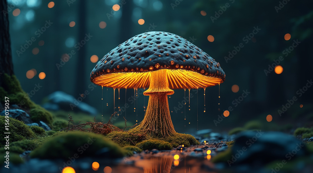 Aufkleber psilocybin concept ,glowing mushroom with dripping light in dark forest surrounded by moss and soft 