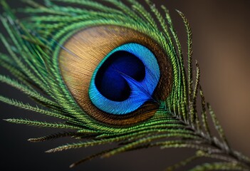 Obraz premium Close up detailed vibrant peacock feather with iridescent blue and green tones highlighting