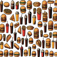 Collection of colorful fast food icons: burgers, fries, hot dogs, and drinks. Perfect for menus and apps.