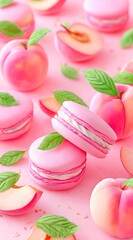 Pink macaroons, green leaf marshmallows and pink peaches, Japanese sweet and soft style, close-up. Yummy wallpaper for mobile app
