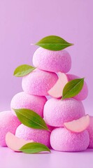 Pink mochi, delicate Japanese sweets, decorated with pink peach slices and fresh green leaves, stacked neatly, close-up, light purple background,