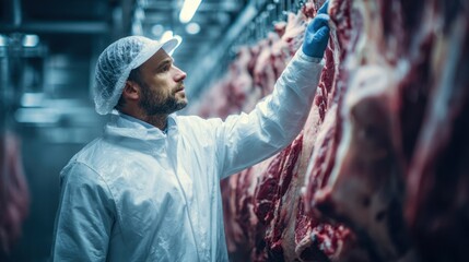 A serious Caucasian man in protective attire analyzing the freshness of hanging beef in a stateoftheart butcher shop emphasizing hygiene and safety protocols in meat handling.
