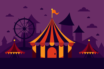 Fototapeta premium A vibrant vector illustration of a striped circus tent with flags against a sky, perfect for a carnival poster or festival event