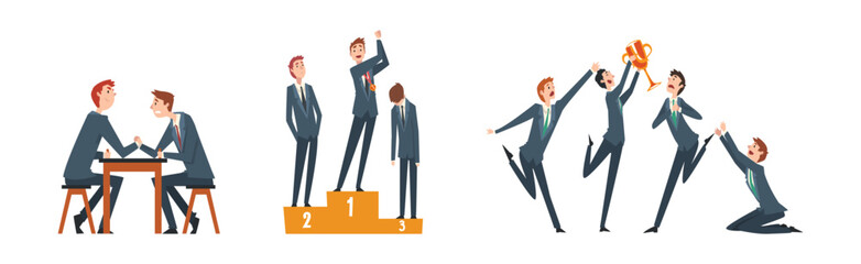 Male Business Employee Character Engaged in Leadership Competition Vector Set