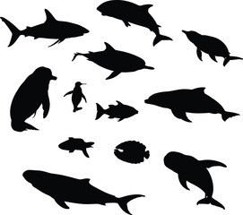 Fototapeta premium Silhouette illustration of various sea animals white background.