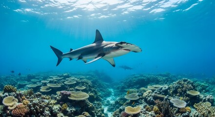 Fototapeta premium Majestic Shark and Reefs: A solitary shark elegantly glides through crystal-clear ocean waters, its sleek form contrasting against the vibrant backdrop of a bustling coral reef.