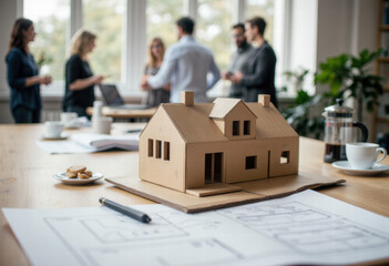 Cardboard architectural house model on a boardroom table with blueprints, while a team of designers collaborates in the background of a bright modern office.