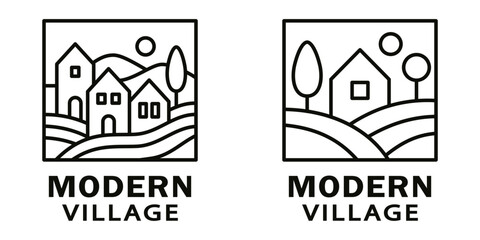 Modern village logo with houses, hills and sun. Vector icon.
