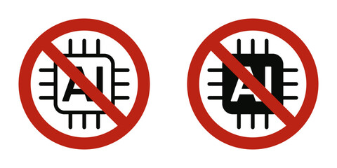 AI chip crossed out with red forbidden circle. Vector icon.