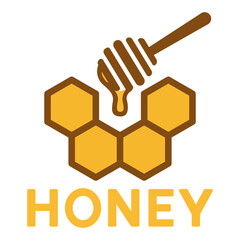 Honey dipper with hexagonal honeycomb and golden drops. Vector icon.