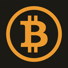 Bitcoin logo in bright orange color on black background. Vector.