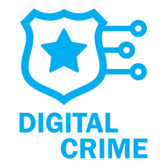 Digital crime icon with police badge and tech nodes. Vector.