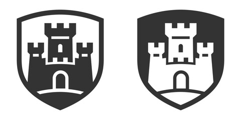 Castle fortress emblem icon in black and white shield. Vector.