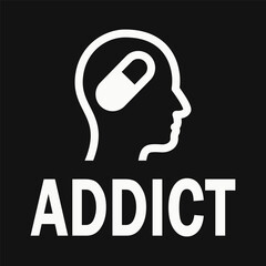 Head silhouette with drug capsule icon. Addiction symbol. Vector.