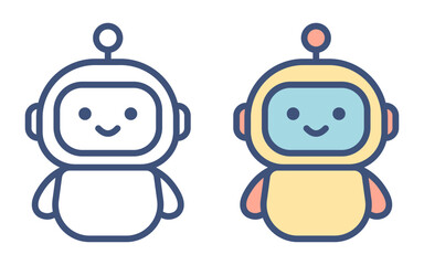 Cute robot character icons in pastel outline style. Vector.