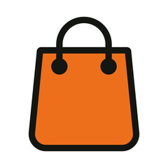 Flat orange shopping bag icon with black outline. Vector.