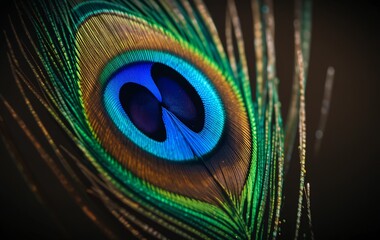 Naklejka premium Close up vibrant detailed view of a colorful peacock feather glowing with iridescent hues and