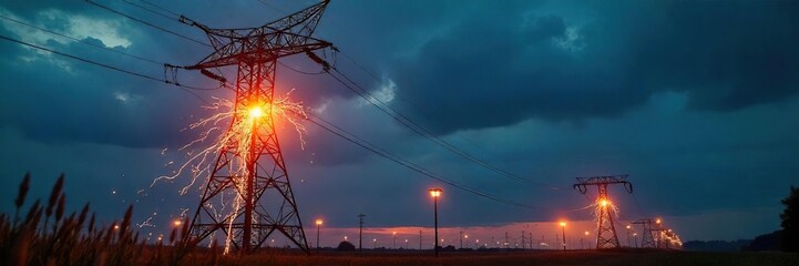 Ominous High-Voltage Power Lines Sparking Under a Dark Sky  Electrical Hazard and Industrial Accident Risk Assessment