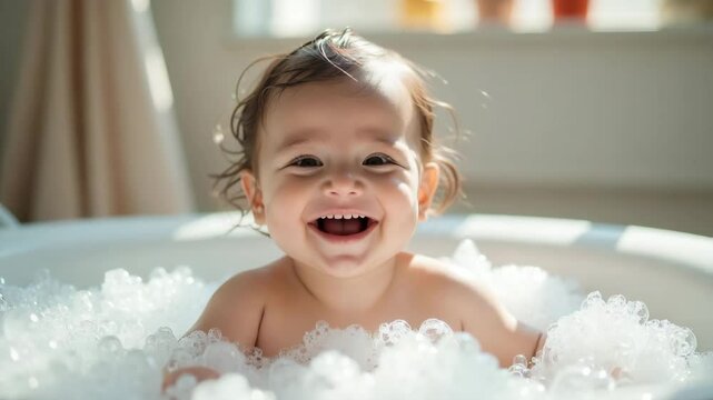 Cheerful toddler bathing happily in soapy bathtub water for perfect cleanliness. Little toddler bathing enjoys bubbly bath time with bubbles. Use images of toddler bathing for advertisement,