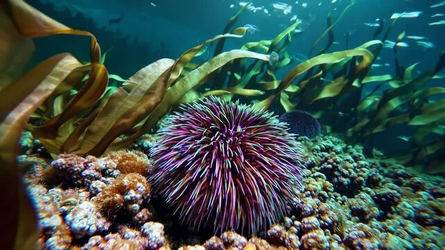 Purple sea urchin on a coral reef with kelp and fish, showcasing diverse marine life, vibrant underwater ecosystems, and ocean biodiversity