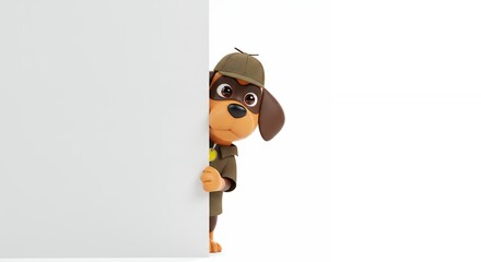 Cartoon dog detective peeking from behind a panel
