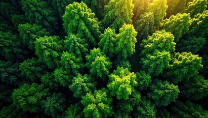 Sun-Dappled Forest Canopy Aerial View of Lush Green Foliage and Diverse Textures