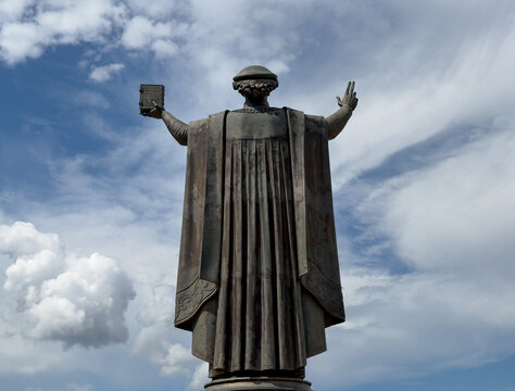 Rear view of the bronze monument to Francysk Skaryna, a prominent historical figure and Belarusian