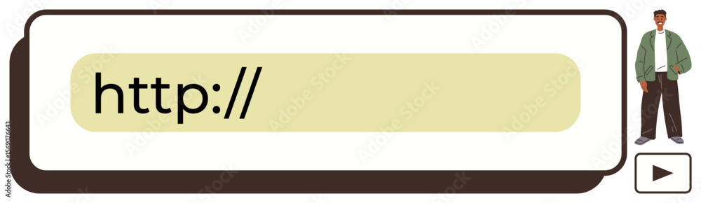 Poster url bar design featuring http text, a sleek businessman figure on the side, and a play button. ideal