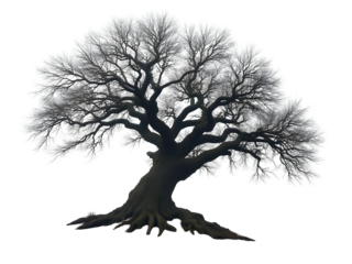 A large old dried tree with thick gnarled roots and branches covered in a frosty white coating stands isolated against a pure  PNG file isolated on transparent background